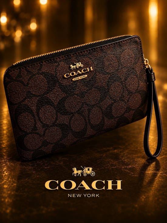 Coach Accessories - Coach Brown and Black Signature Zip Wristlet with Gold Hardware